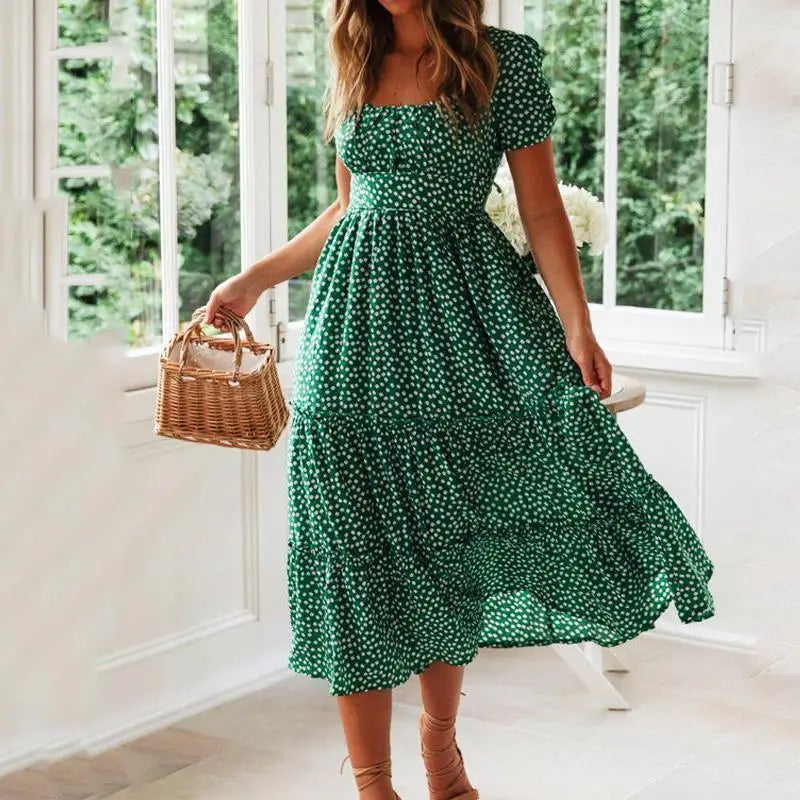 Boho Summer Dress for Women – Square Neck, Short Puff Sleeves, Chiffon Floral Print, Beach Party Dress, Sand Color
