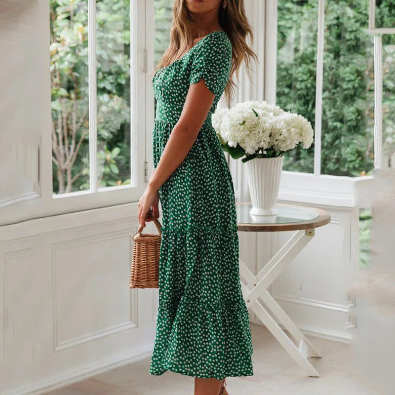 Boho Summer Dress for Women – Square Neck, Short Puff Sleeves, Chiffon Floral Print, Beach Party Dress, Sand Color