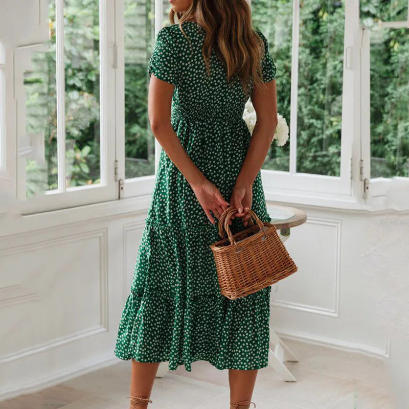 Boho Summer Dress for Women – Square Neck, Short Puff Sleeves, Chiffon Floral Print, Beach Party Dress, Sand Color